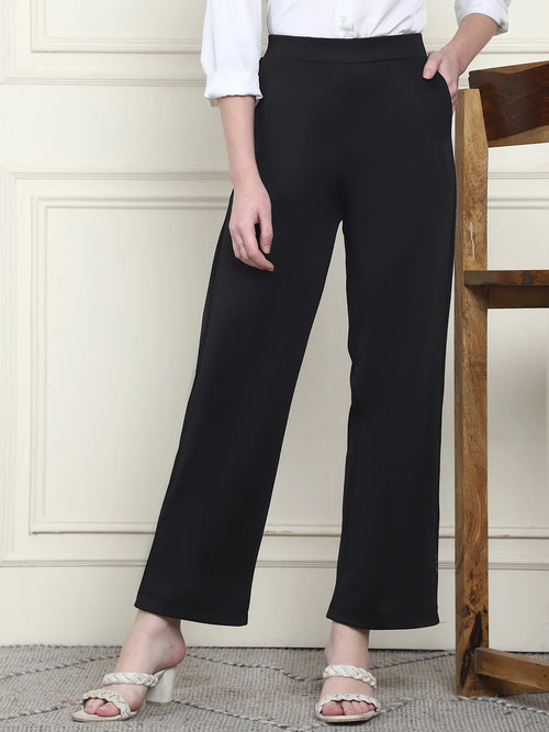 Frempy Women's High-Rise Relaxed Straight Leg Formal Trousers - Black