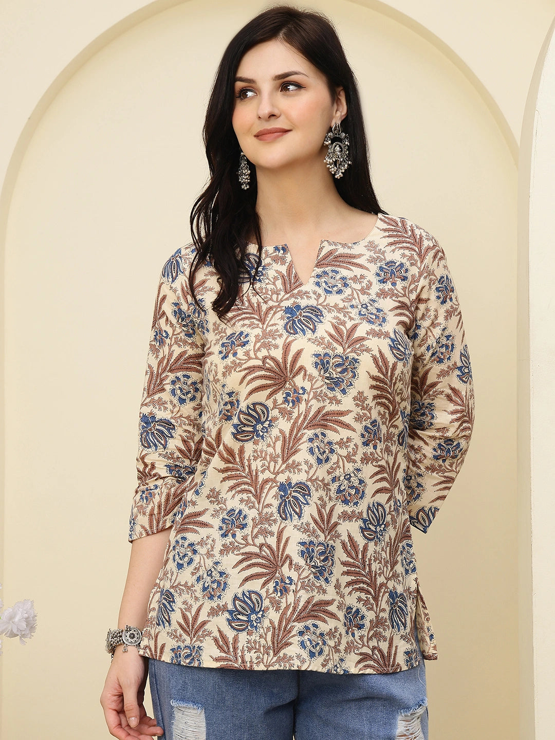 Cream Floral Printed V-Neck Pure Cotton Short Kurti