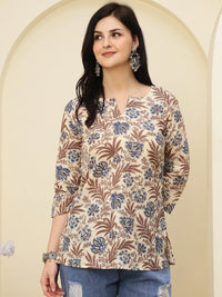 Cream Floral Printed V-Neck Pure Cotton Short Kurti