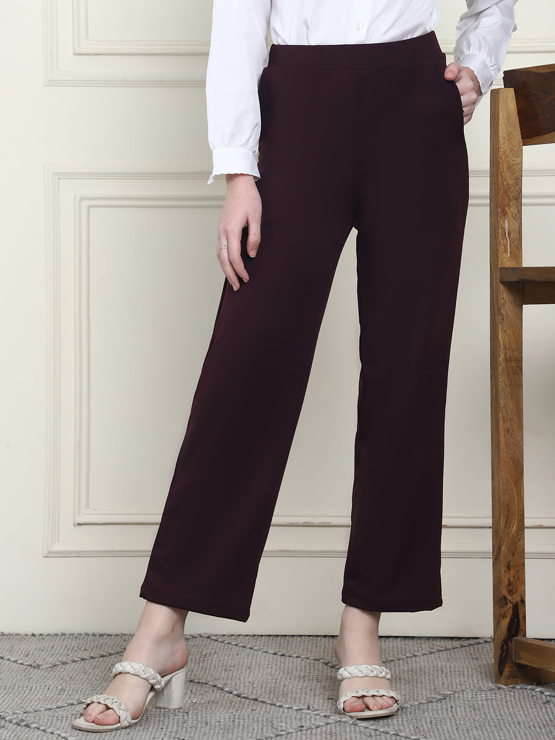 Frempy Women's High-Rise Relaxed Straight Leg Formal Trousers - Maroon