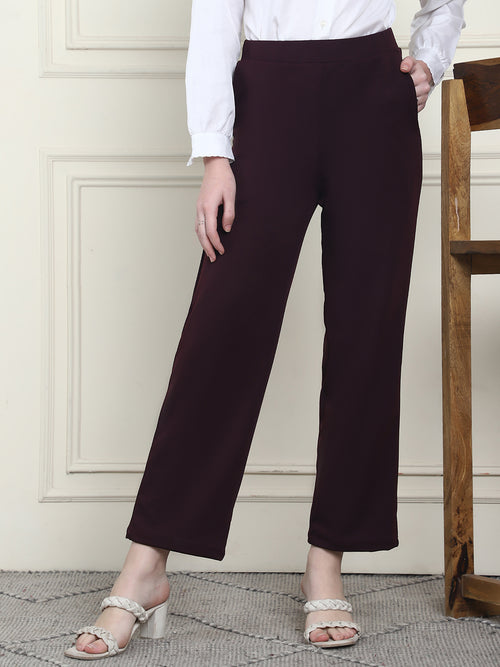 Frempy Women's High-Rise Relaxed Straight Leg Formal Trousers - Maroon