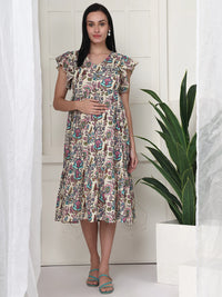 Frempy Women Off White Floral Printed Maternity Midi Dress