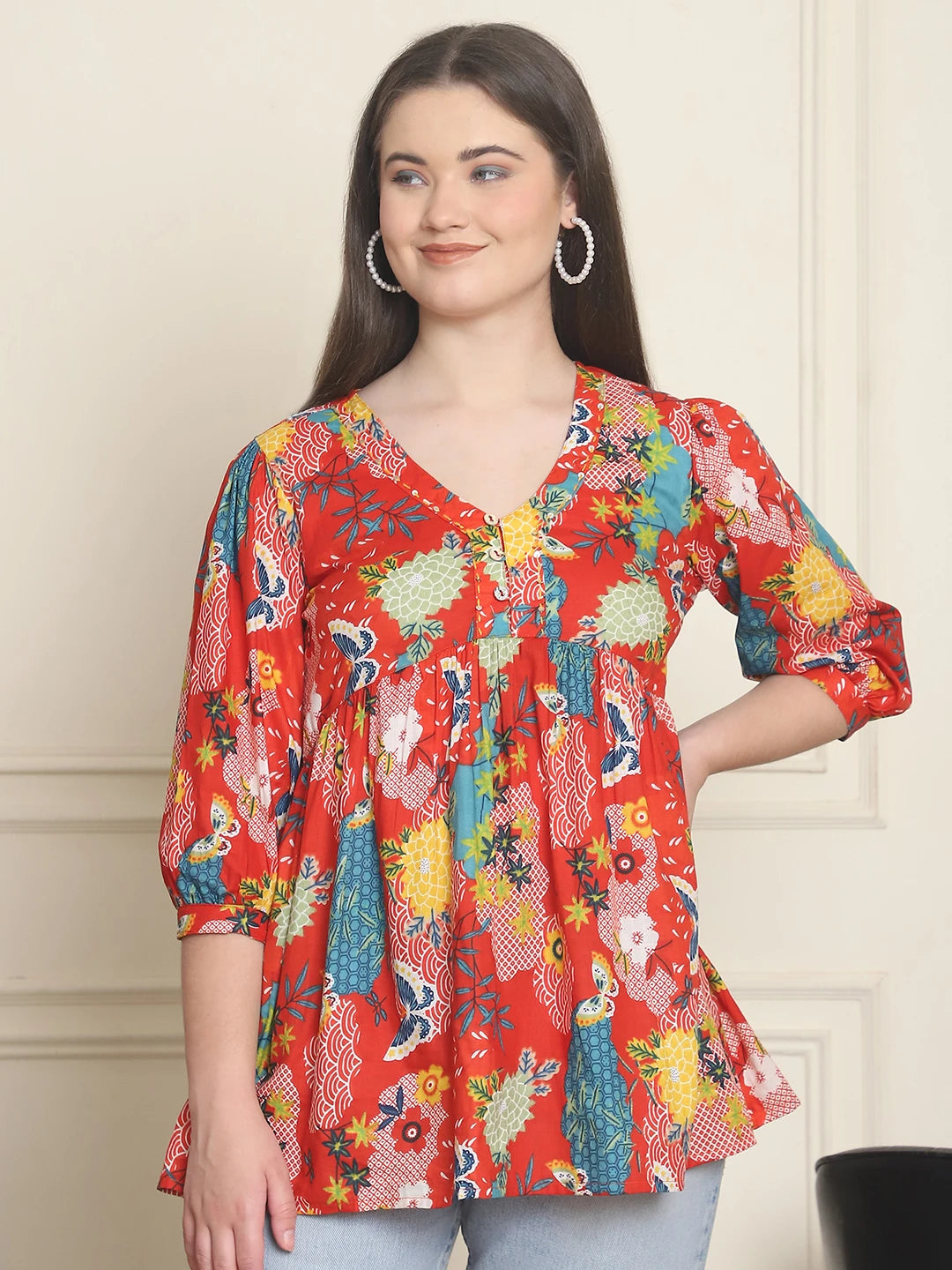 Frempy Women Red Printed Pure Cotton Top