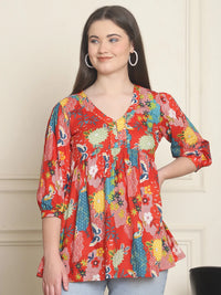 Frempy Women Red Printed Pure Cotton Top
