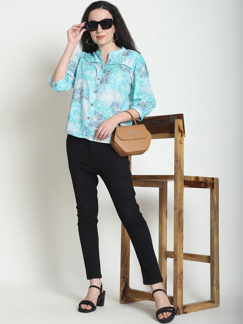 Turquoise Blue Floral Pure Cotton Top