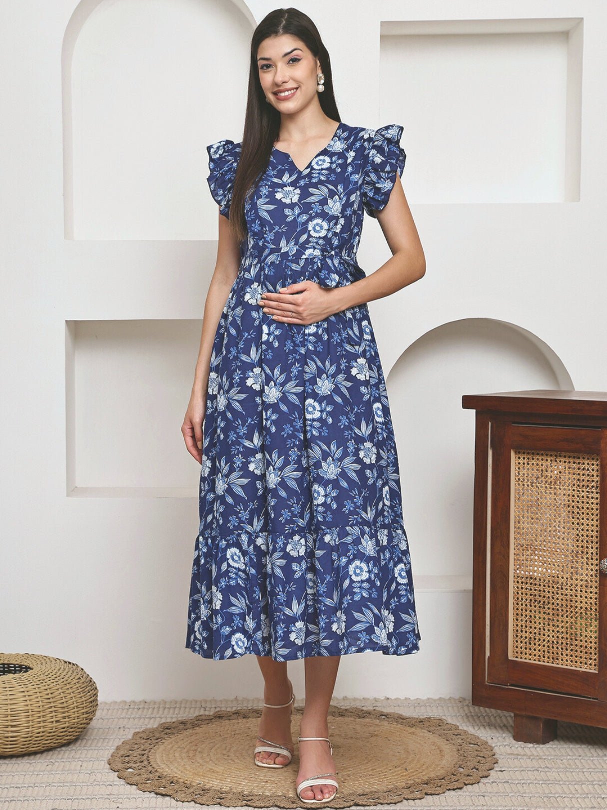 Frempy Women Fit and Flare Blue Floral Printed Maxi/Full Length Dress