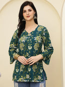Green Floral Printed Pure Cotton Short Kurti