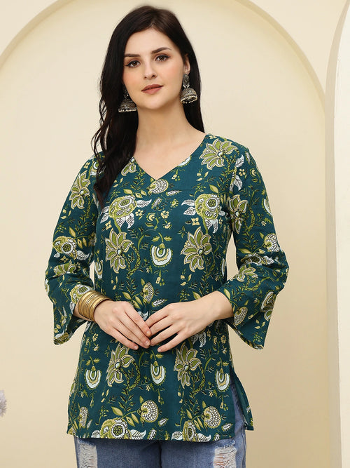 Green Floral Printed Pure Cotton Short Kurti
