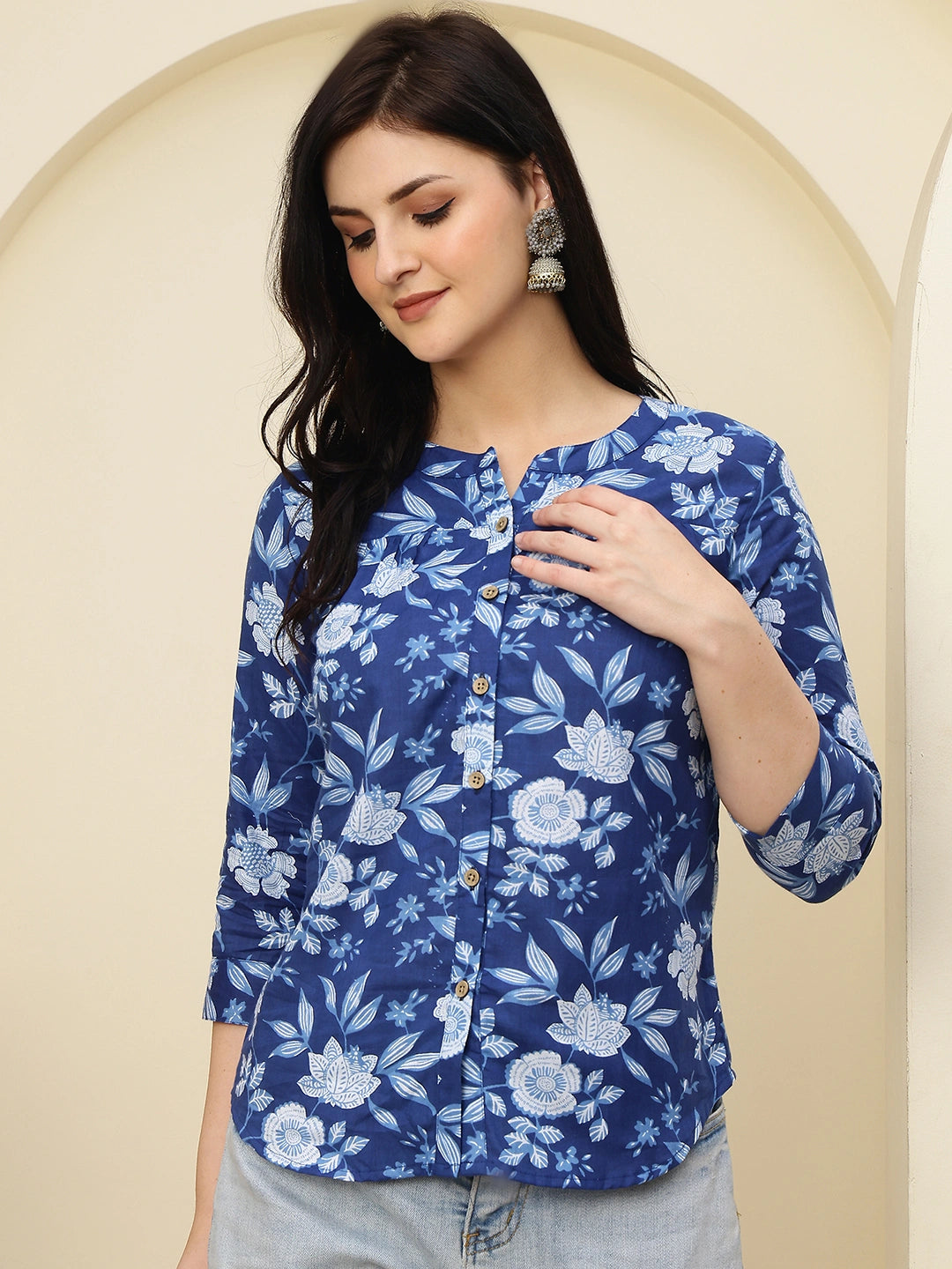 Navy Blue Floral Buttoned Mandarin Collar Cotton Top