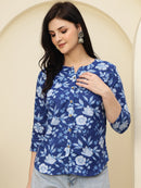 Navy Blue Floral Buttoned Mandarin Collar Cotton Top