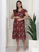 Frempy Women Fit and Flare Brown Floral Printed Midi Dress