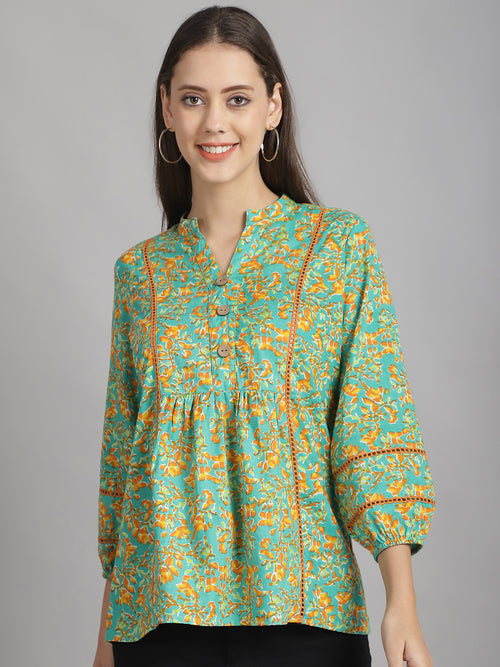 Lime Green Floral Printed Floral Pure Cotton Top
