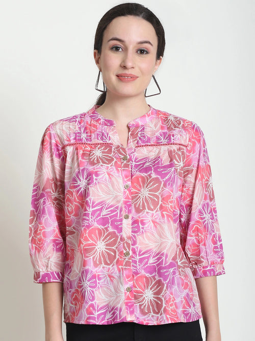 Frempy Women Pink Floral Printed Pure Cotton Top