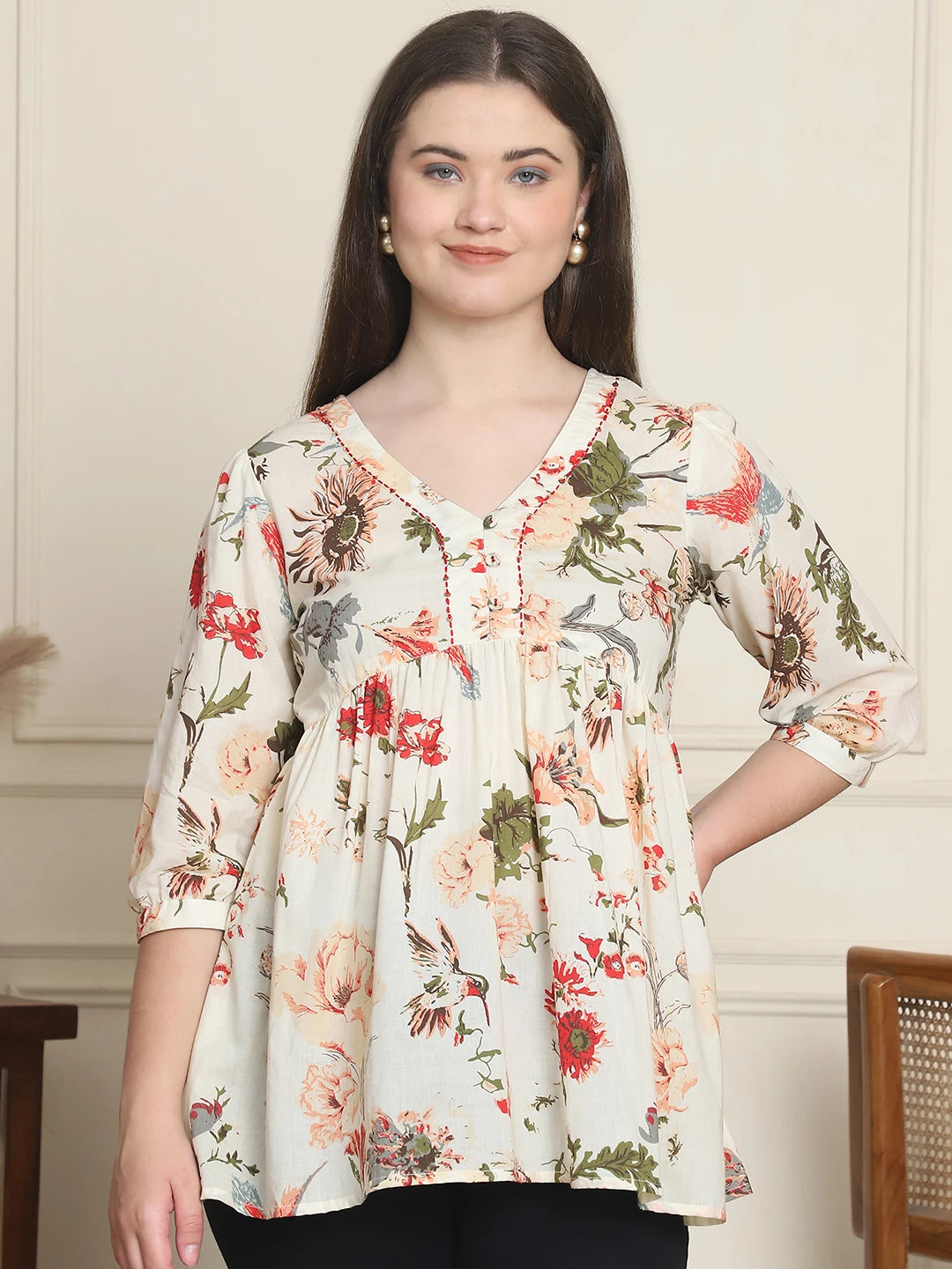 Frempy Women Off White Pure Cotton Top