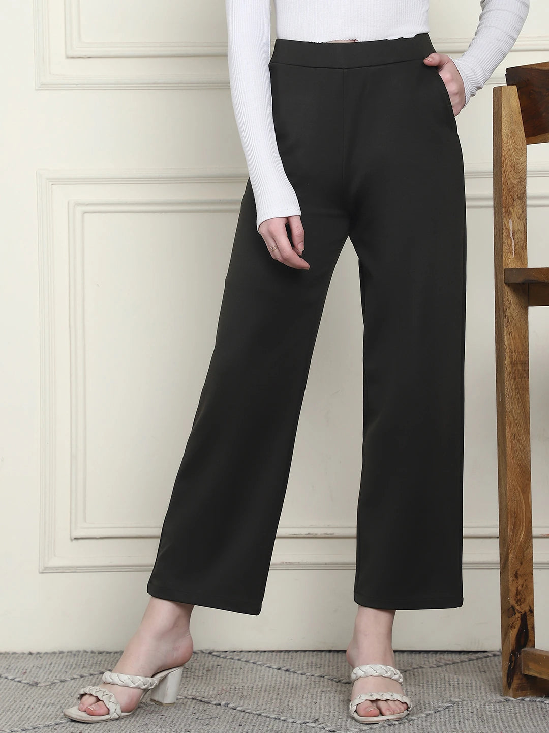 Frempy Women's High-Rise Relaxed Straight Leg Formal Trousers - Olive