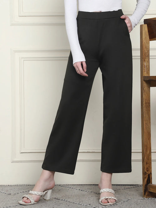 Frempy Women's High-Rise Relaxed Straight Leg Formal Trousers - Olive