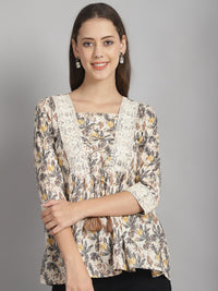 Off White Floral Printed Floral Pure Cotton Top