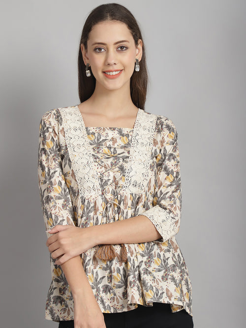 Off White Floral Printed Floral Pure Cotton Top