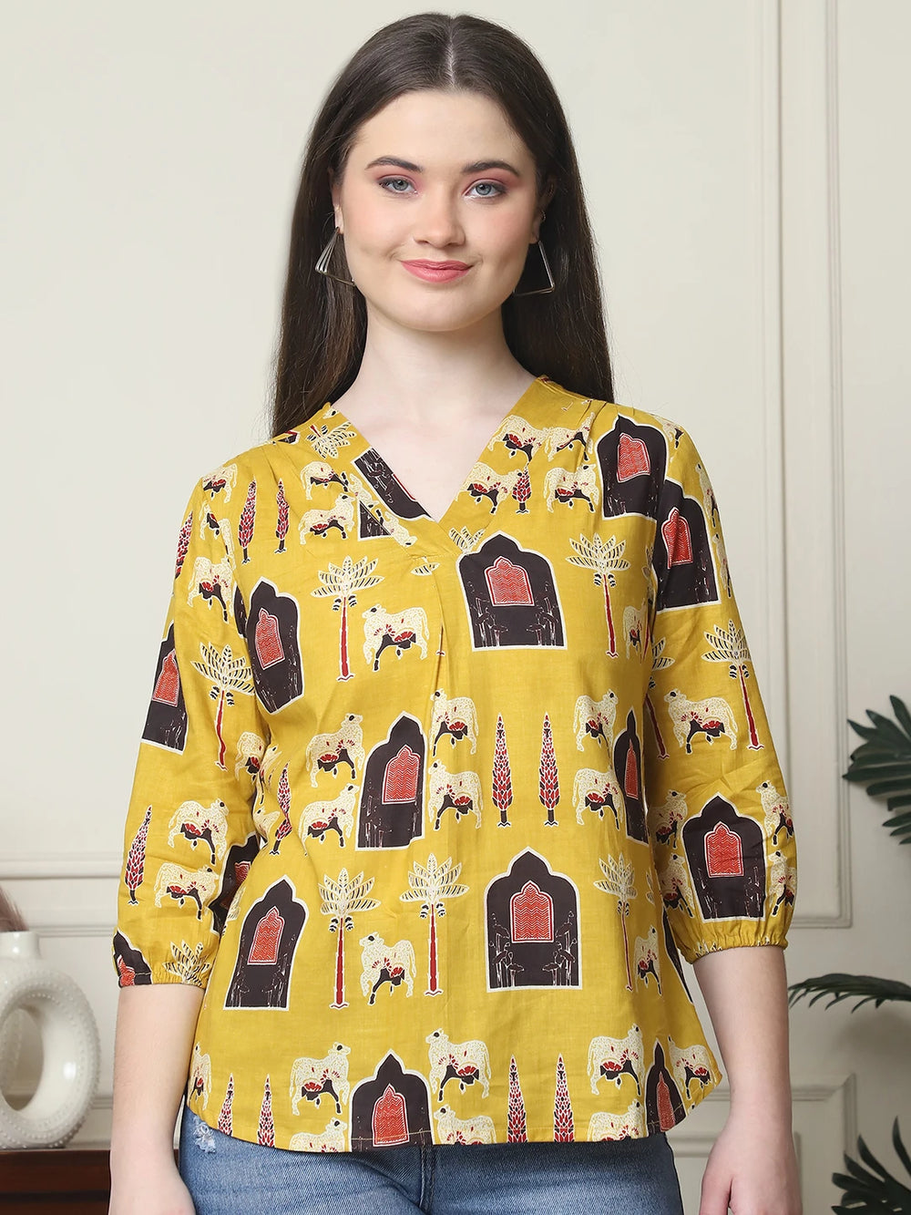 Frempy Women Mustard Yellow Printed Pure Cotton Top