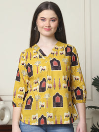 Frempy Women Mustard Yellow Printed Pure Cotton Top