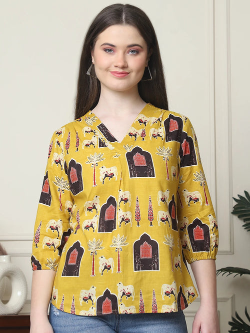Frempy Women Mustard Yellow Printed Pure Cotton Top