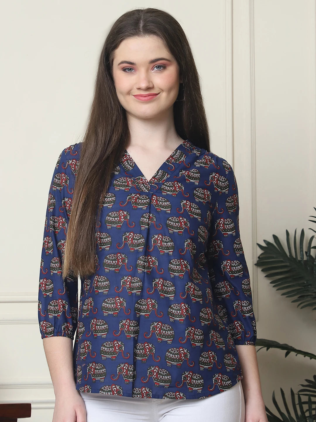 Frempy Women Navy Blue Elephant Printed Pure Cotton Top