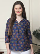 Frempy Women Navy Blue Elephant Printed Pure Cotton Top