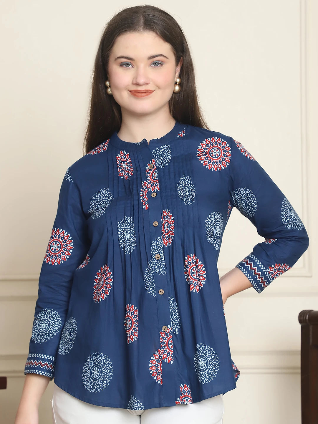 Frempy Women Navy Blue Mandala Floral Printed Pure Cotton Top