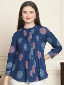 Frempy Women Navy Blue Mandala Floral Printed Pure Cotton Top