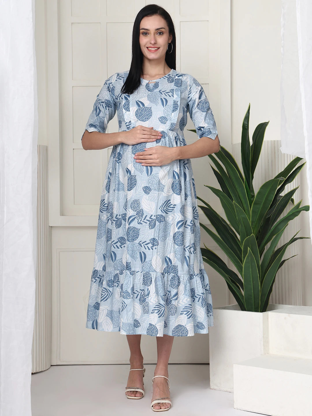 Frempy Women Light Blue Printed Maternity Dress