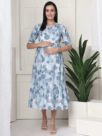 Frempy Women Light Blue Printed Maternity Dress