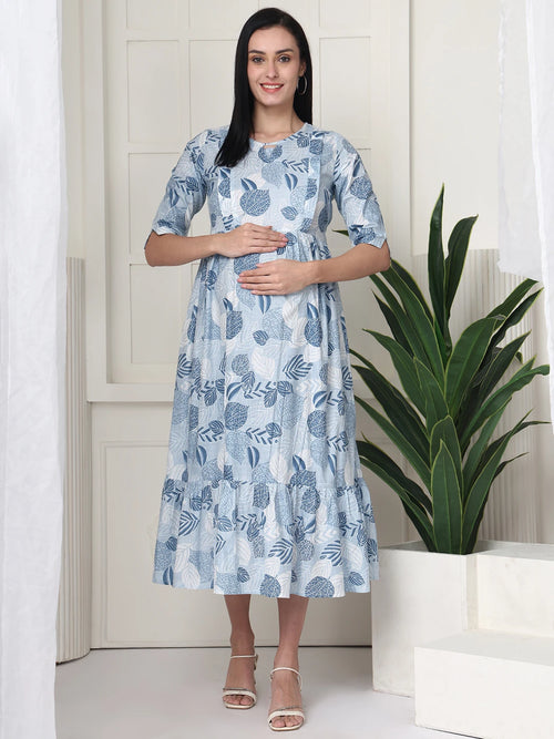 Frempy Women Light Blue Printed Maternity Dress