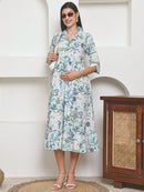 Frempy Women Fit and Flare Ligth Blue Floral Printed Maxi/Full Length Dress