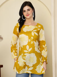 Mustard Yellow Floral Print Lace-Up Pure Cotton Kurti