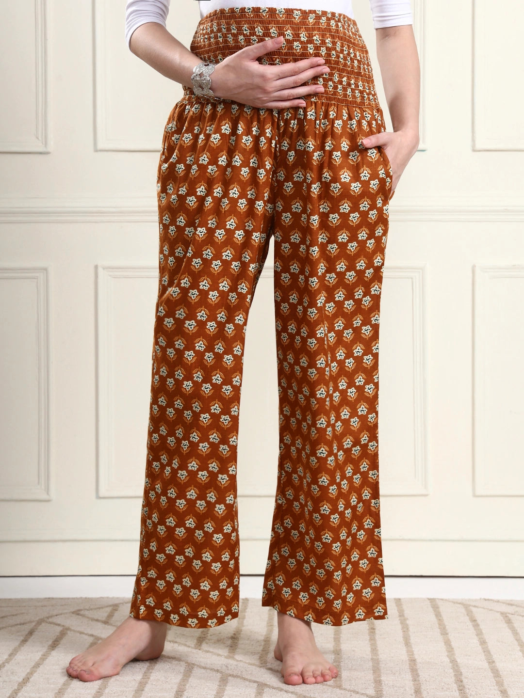 Frempy Rust Brown Floral Print Smocked Waist Pure Cotton Maternity Trousers