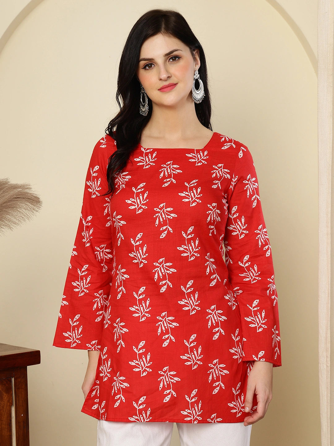 Red Leaf Printed  Lace-Up Back Pure Cotton Short Kurti