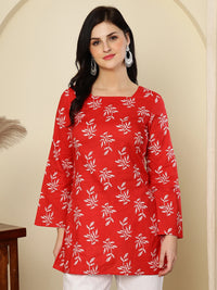 Red Leaf Printed  Lace-Up Back Pure Cotton Short Kurti
