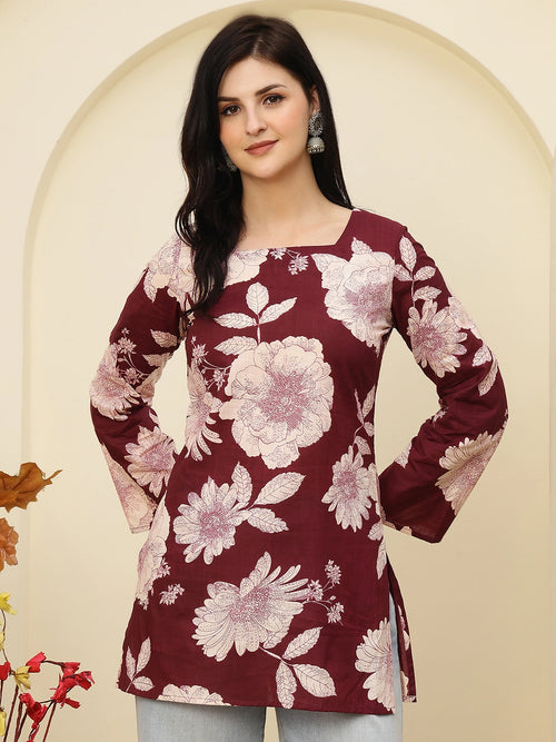 Maroon Floral Print Lace-Up Back Pure Cotton Short Kurti