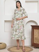 Frempy Women Fit and Flare Green Floral Printed Maxi/Full Length Dress