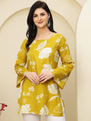 Mustard Floral Bell Sleeve Pure Cotton Short Kurti