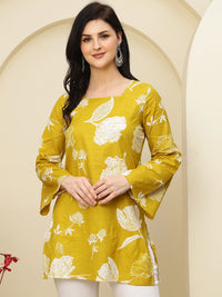 Mustard Floral Bell Sleeve Pure Cotton Short Kurti
