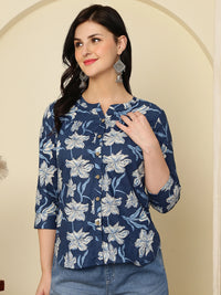 Navy Blue Floral Buttoned Mandarin Collar Cotton Top