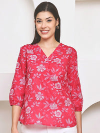 Frempy Women Pink Floral Printed Pure Cotton Top