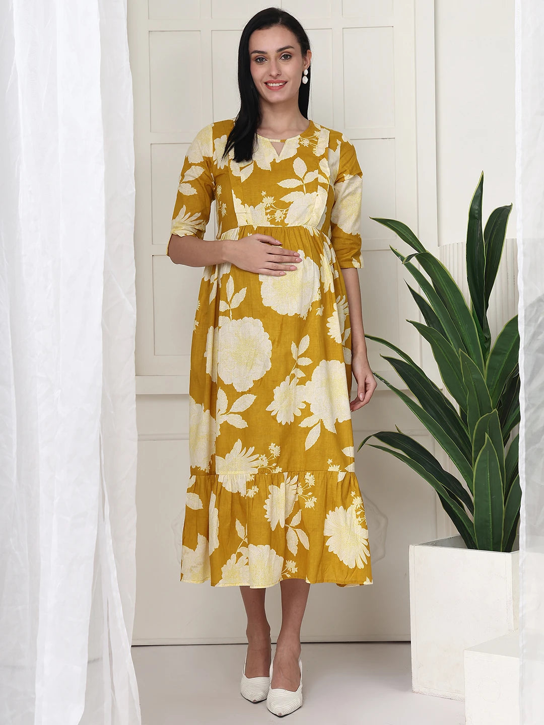 Frempy Women Yellow Floral Printed  Maternity Dress
