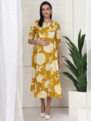 Frempy Women Yellow Floral Printed  Maternity Dress
