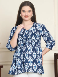 Frempy Women Blue Ikat Motif Pure Cotton Tops
