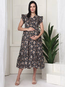Frempy Women Black Floral Printed Knee Length Dress