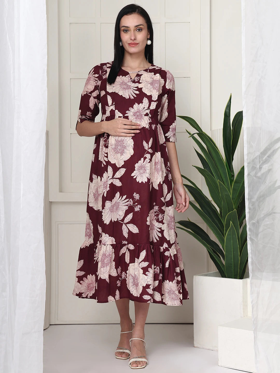 Frempy Women Maroon Floral Printed  Maternity Dress