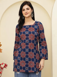 Navy Blue Ajrakh Printed A-Line Pure Cotton Short Kurti