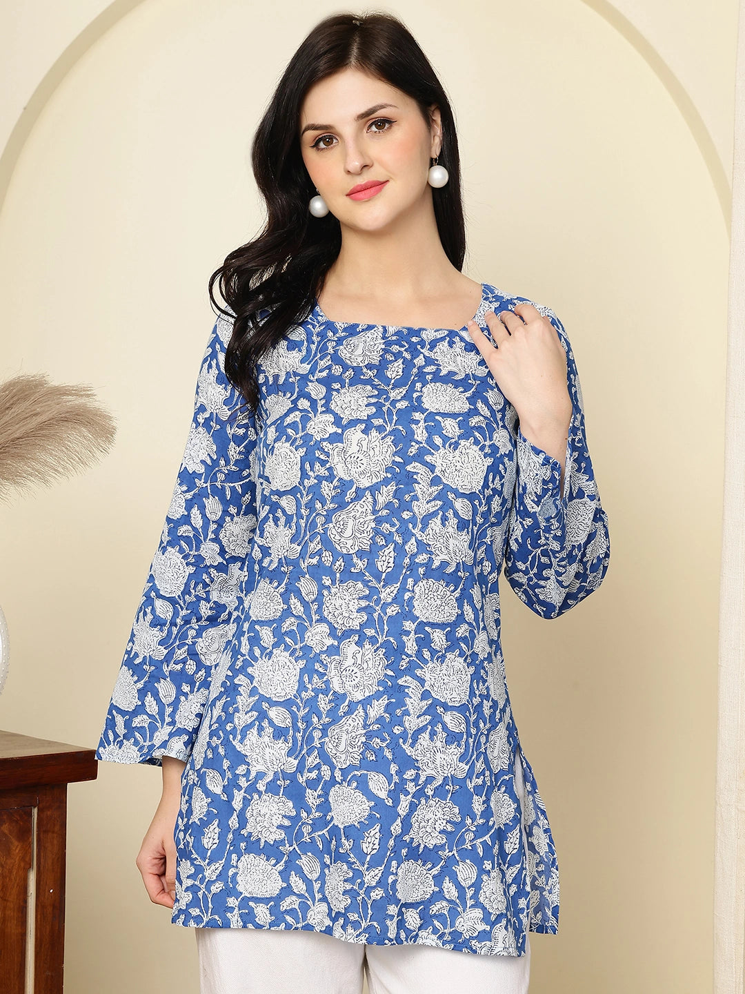 Cobalt Blue Floral Printed  A-Line Pure Cotton Short Kurti